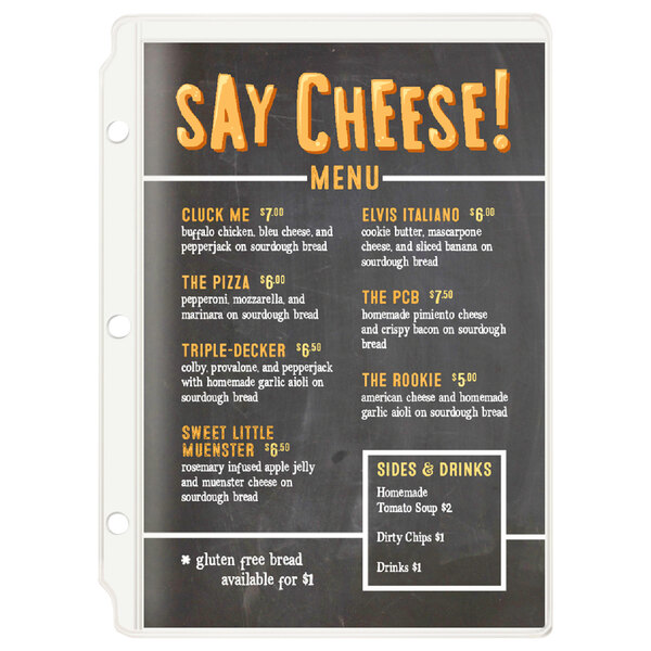 A Menu Solutions clear vinyl sheet protector with three holes holding a restaurant menu with white and yellow text.