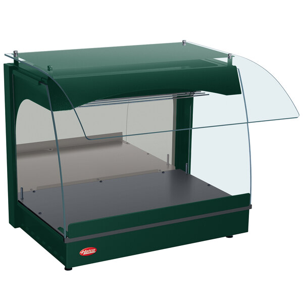 A green Hatco countertop display case with a clear glass top.