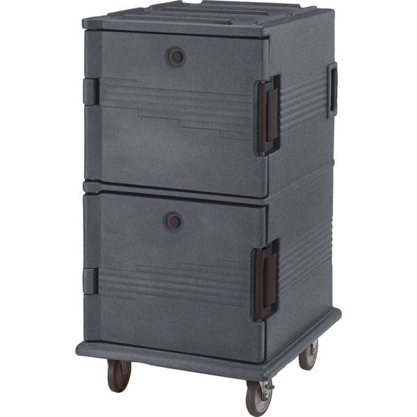 A grey plastic Cambro food pan carrier with heavy-duty casters.
