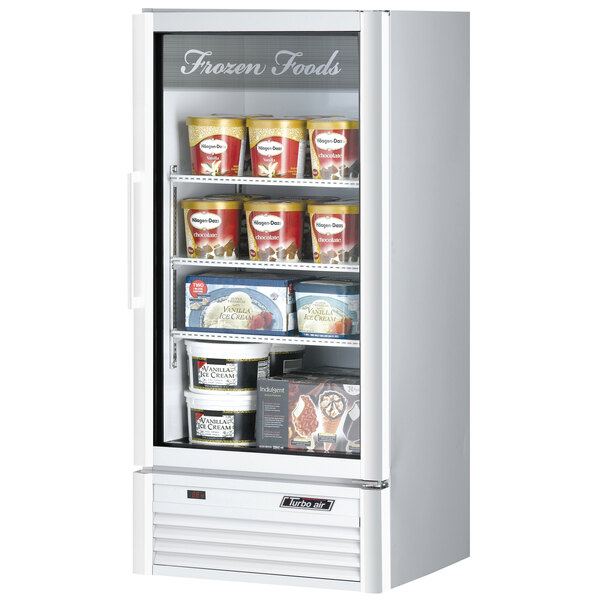 A Turbo Air white glass door freezer filled with ice cream containers.