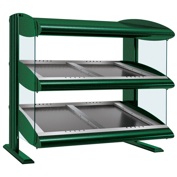 A green Hatco countertop heated zone merchandiser with double slanted glass shelves.