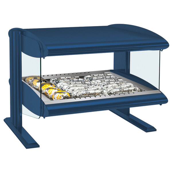A navy blue Hatco countertop food warmer with food in it.