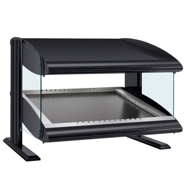 A black rectangular Hatco food warmer with a glass lid on a table.