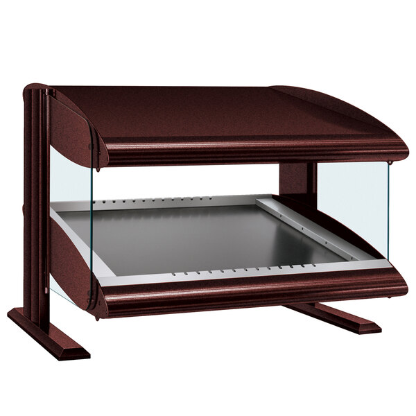 A brown and glass slanted display shelf for Hatco countertop hot food display warmers.