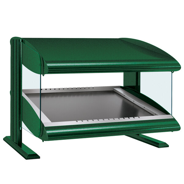 A green food warmer with a glass top.