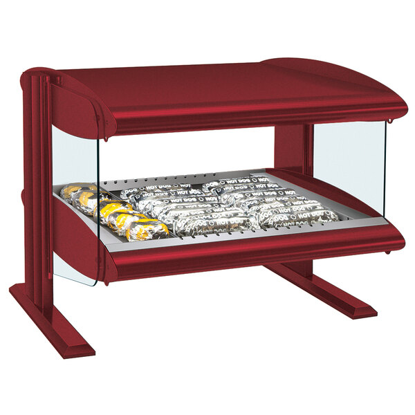 A red Hatco heated zone merchandiser display case with food in it.