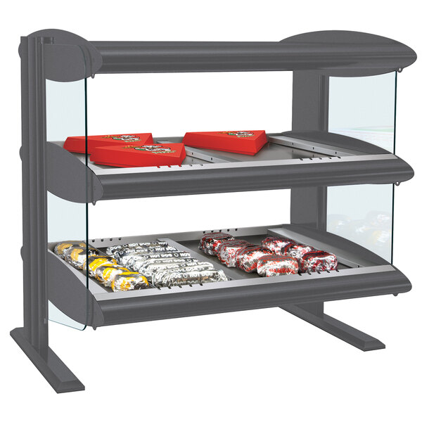 A gray Hatco countertop display case with food on it.