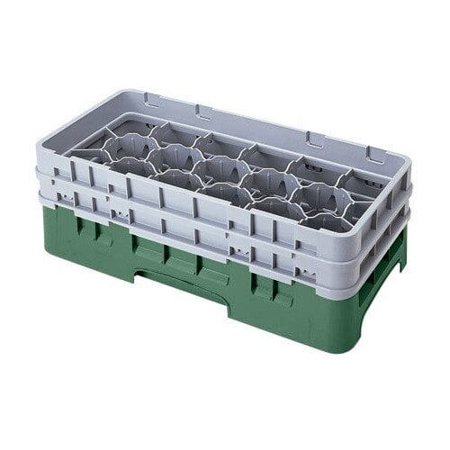 A grey plastic Cambro glass rack with holes and a green and white plastic container with compartments.