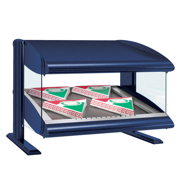 A blue Hatco countertop heated zone display case with boxes inside.