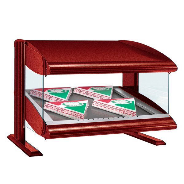 A red Hatco countertop display case with pizza boxes inside.