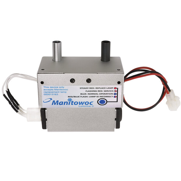 A silver Manitowoc LuminIce II Growth Inhibitor box with wires.