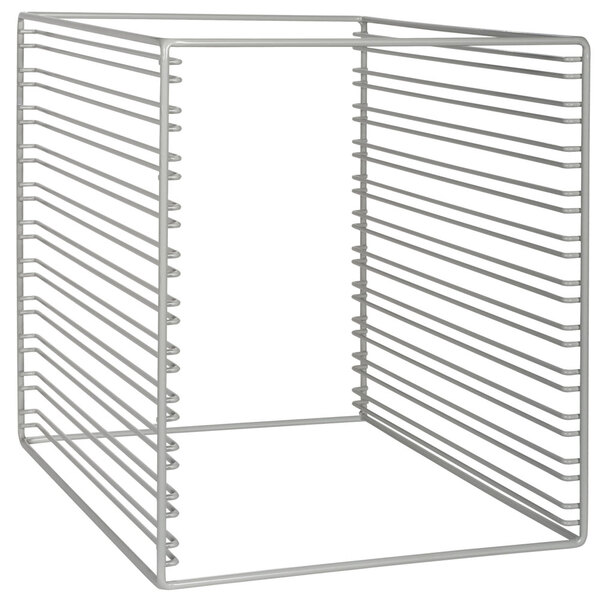 A Beverage-Air wire rack with metal strips designed for square trays.