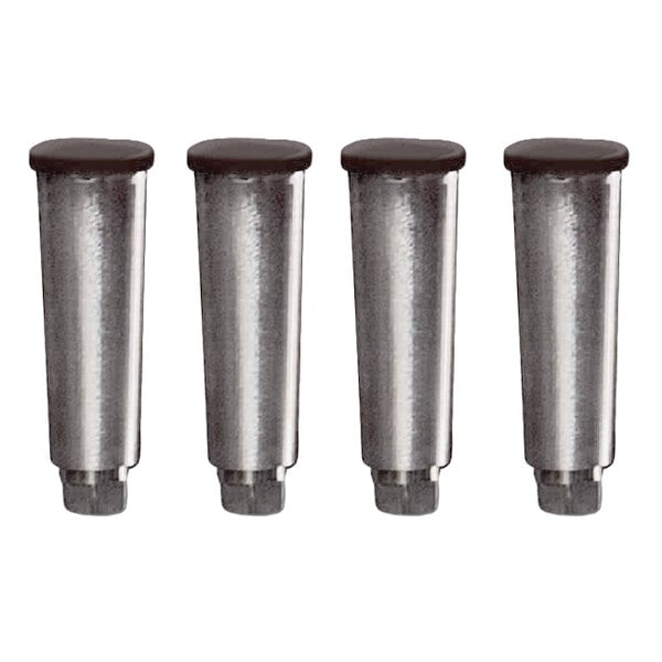 A row of silver metal legs with black caps.