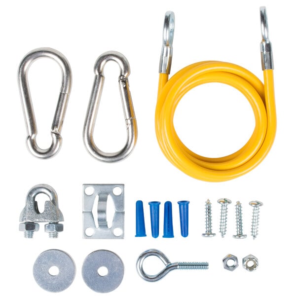 A yellow T&S gas equipment restraining cable with metal ends.