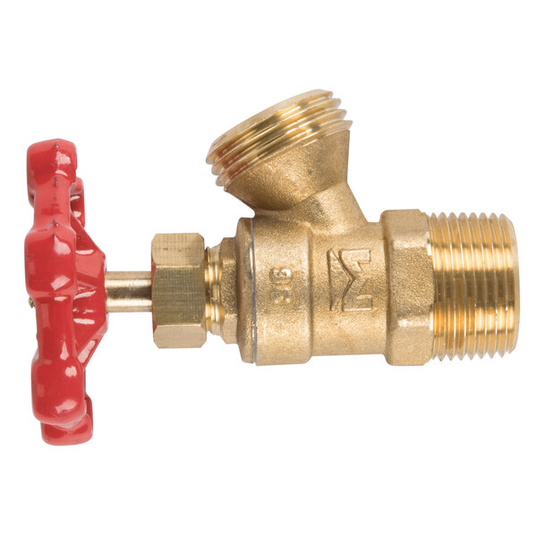 A brass valve with a red handle.