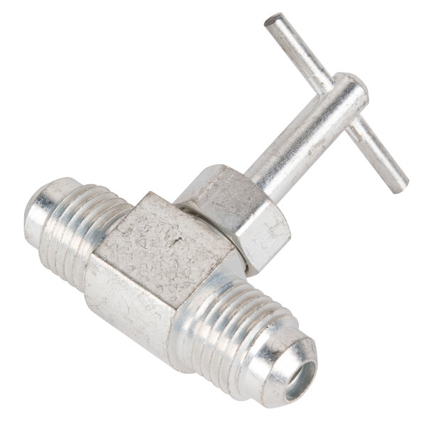 A close-up of a Bunn stainless steel needle valve with a metal nut.