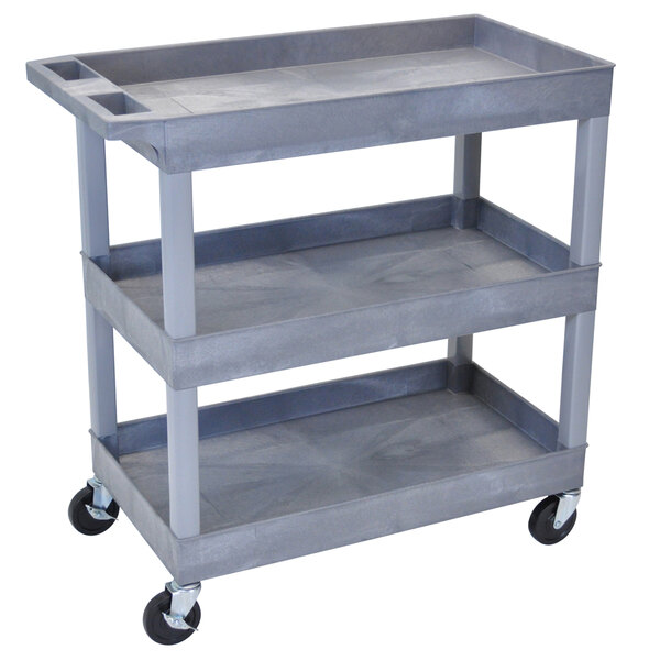 A gray plastic three tier utility cart with wheels.