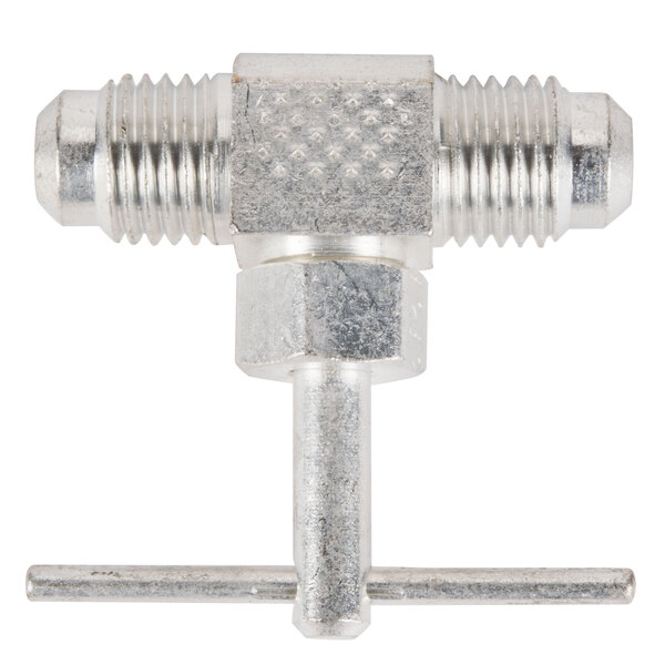 A close up of a silver Bunn needle valve with a threaded end.