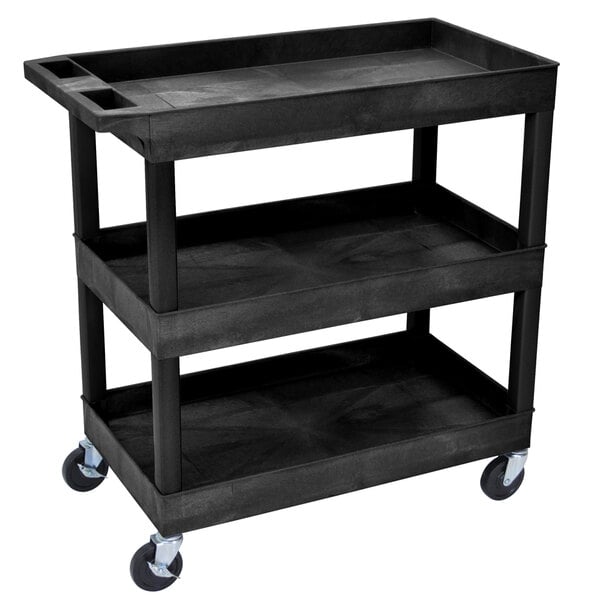 A black plastic Luxor utility cart with three shelves and wheels.