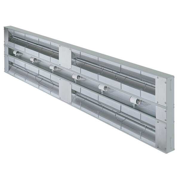 A long rectangular Hatco strip warmer with metal shelves and lights.