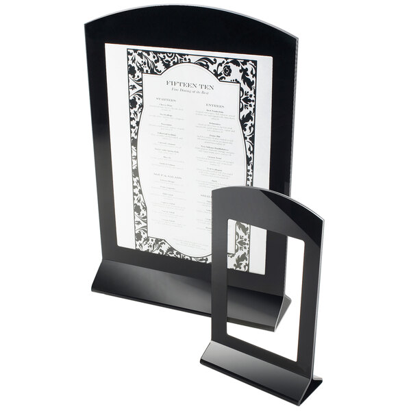 A black frame with a menu on a stand.