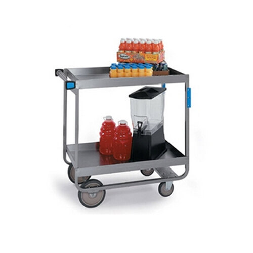 A Lakeside stainless steel utility cart with bottles of juice on it.