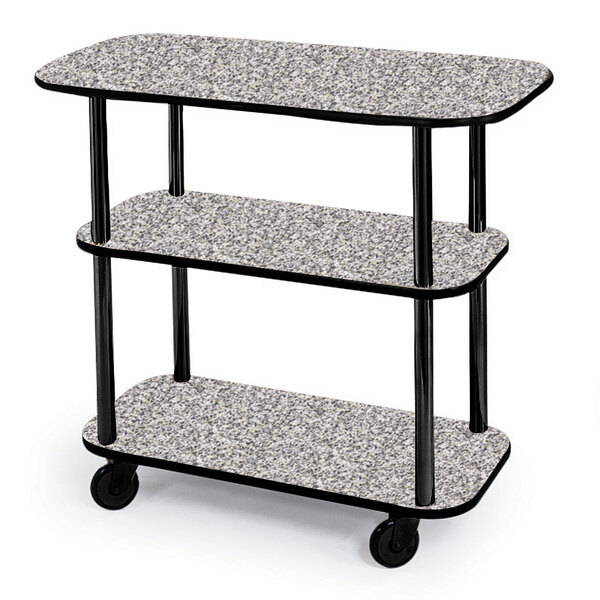 A Geneva rectangular 3 shelf tableside service cart with black metal legs and wheels.