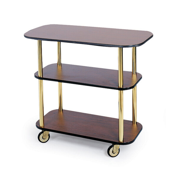 A rectangular brown Geneva serving cart with three shelves and wheels.
