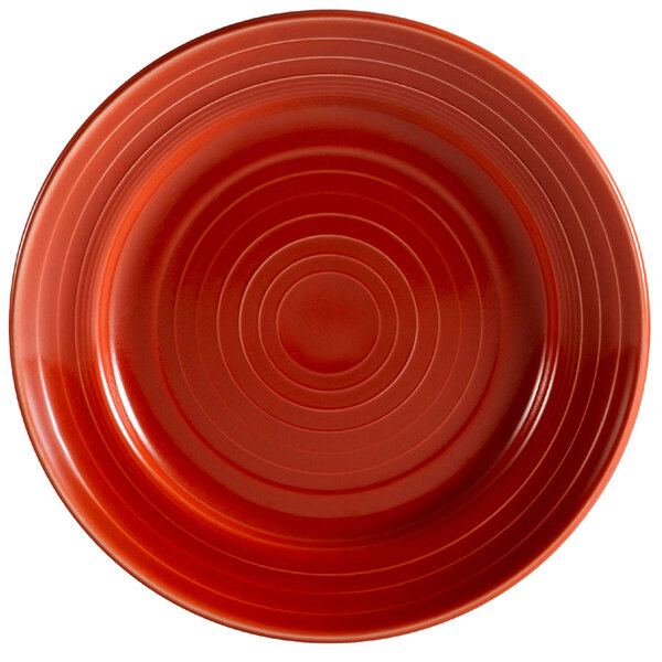 A red plate with concentric circles in the center.