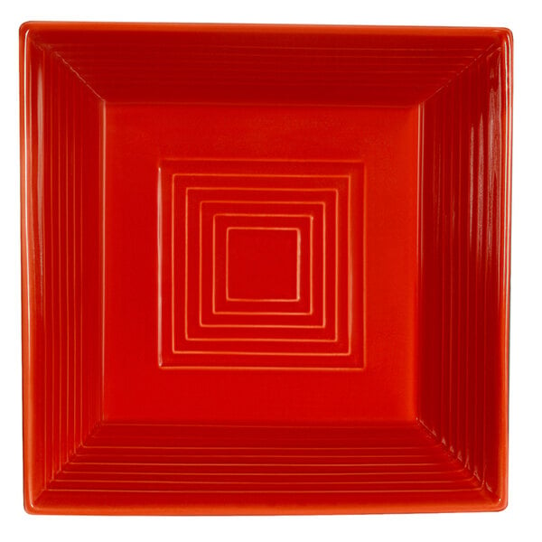 A red square bowl with white lines.