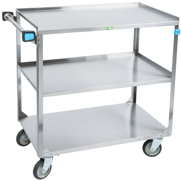 A Lakeside stainless steel utility cart with three shelves and wheels.