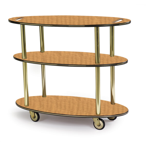 A Geneva three tiered serving cart with wheels and a wood finish.