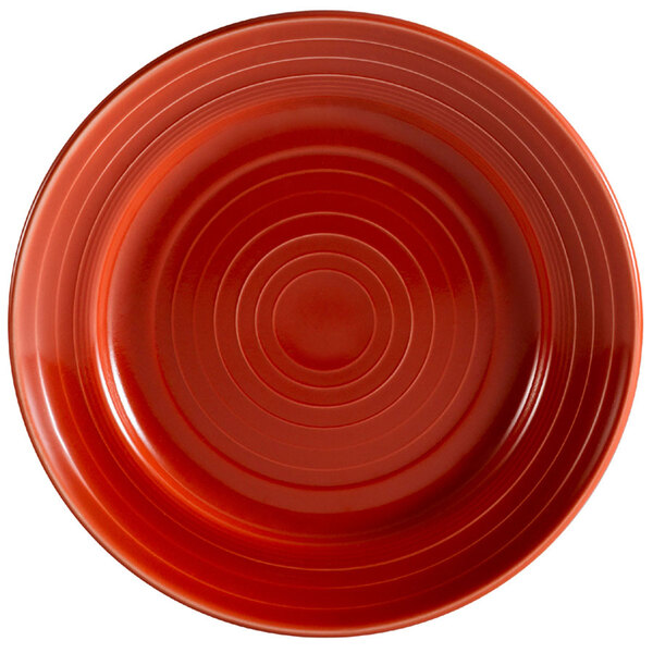 A red plate with a concentric circle pattern.