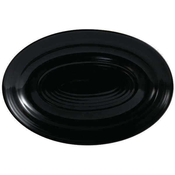 A black oval CAC China platter with a curved edge.