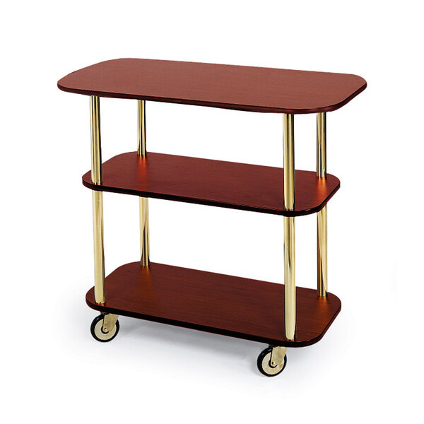 A Geneva rectangular wood service cart with three shelves.