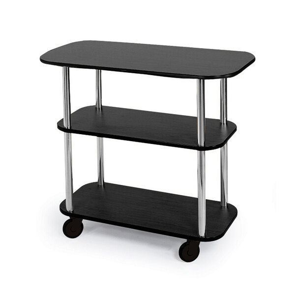 A black rectangular Geneva serving cart with three shelves on wheels.