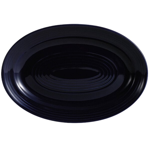 A black oval platter with a curved rim.