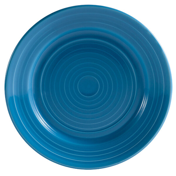 A blue plate with a spiral pattern.