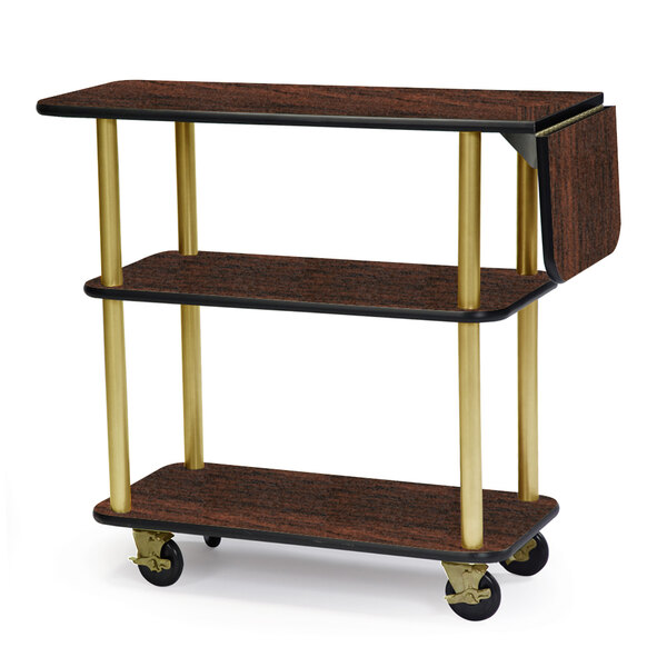 A mahogany rectangular tableside service cart with three shelves and wheels.