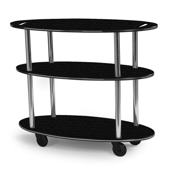 A black oval 3 shelf serving cart with metal legs and wheels.