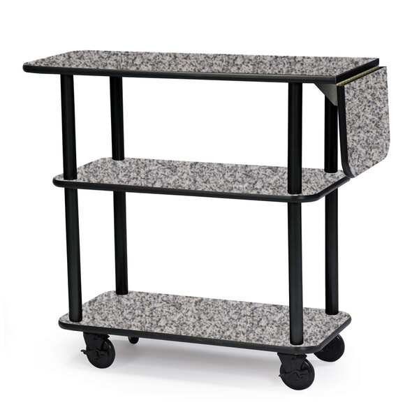 A black and gray Geneva serving cart with three shelves on wheels.