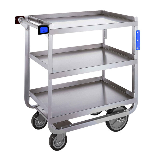 A Lakeside stainless steel utility cart with three shelves.