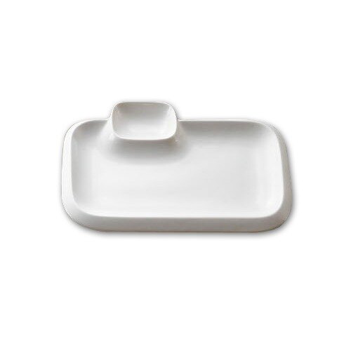A white rectangular porcelain platter with small dishes on it.