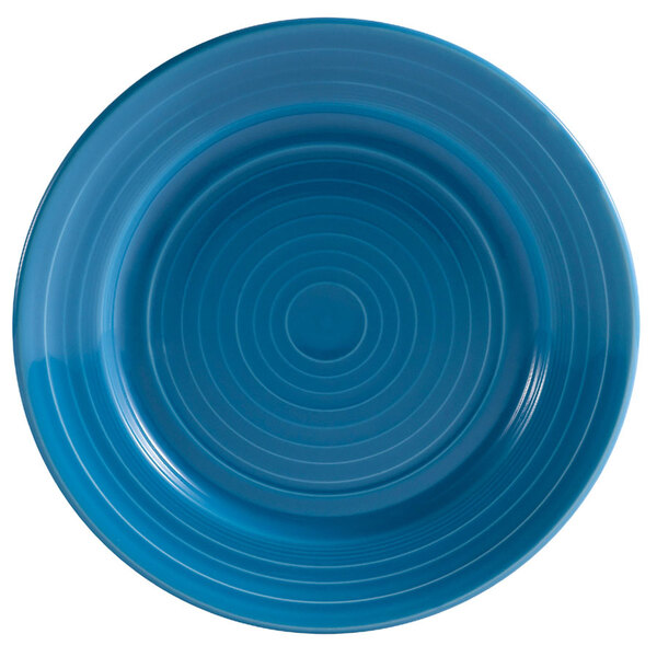 A blue plate with a circular peacock design in the center.