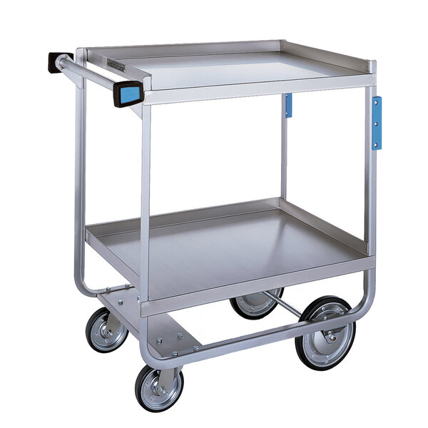 A silver Lakeside stainless steel utility cart with 2 shelves and wheels.