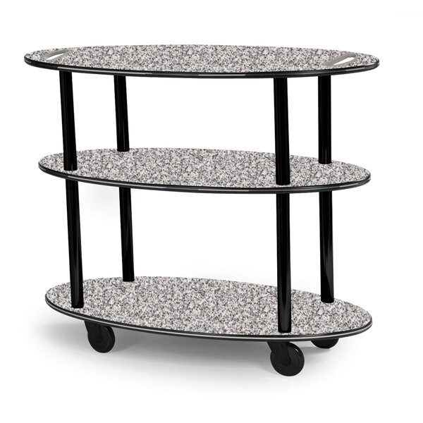 A three tiered oval laminate serving cart with wheels.
