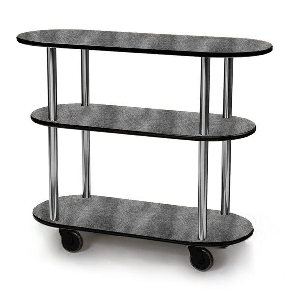 A black and silver three tiered oval serving cart on wheels.