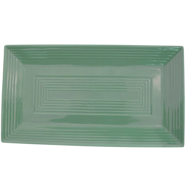 A green rectangular CAC China platter with lines.