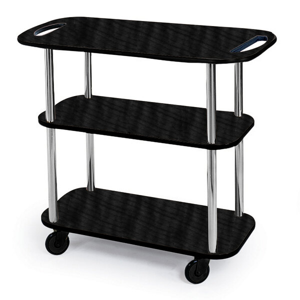 A black rectangular 3 shelf Geneva serving cart with wheels.