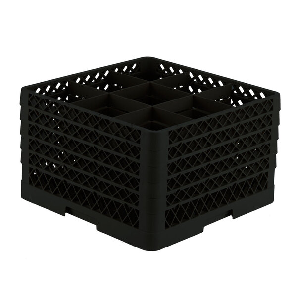 A black Vollrath Traex glass rack with 9 compartments.